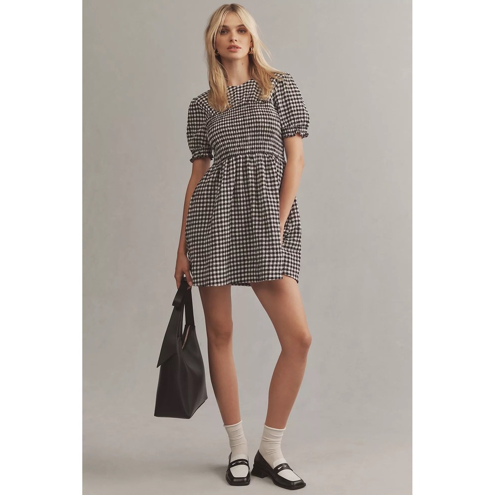 Maeve Anthropologie Puff-Sleeve Babydoll Mini Dress Small Black White Gingham